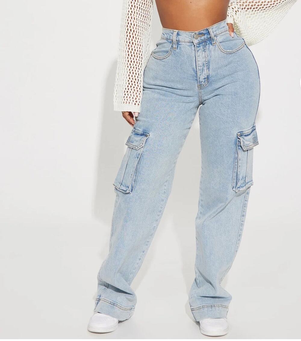 NWT Fashion Nova Just A Fling Denim Light Wash Cargo Jeans 7 Straight Leg Y2k
